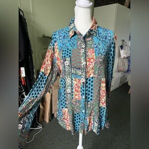 Multicolored Patchwork Paisley Mix Pattern Button Down Casual Shirt Fun Top Sz M